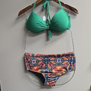 Green and Multicolor Women's Swimwear Set